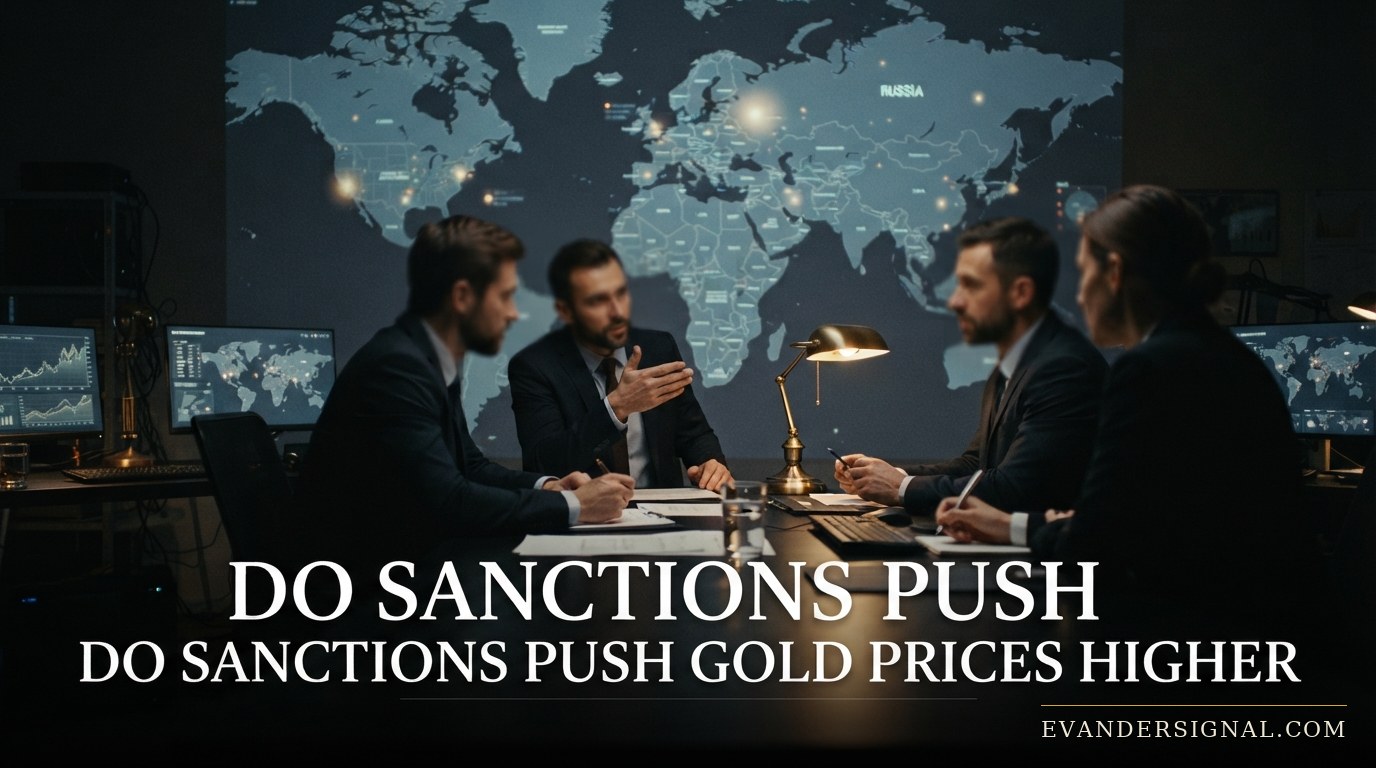 Trader at a dimly lit desk with shipping-route maps, evoking geopolitical tension and gold market unease