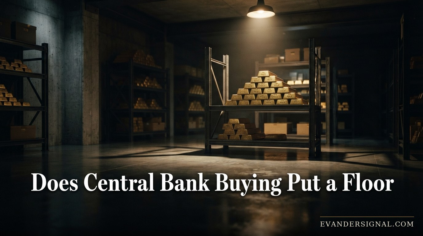 Stacked gold bars lit by a single overhead light in a shadowed bank vault