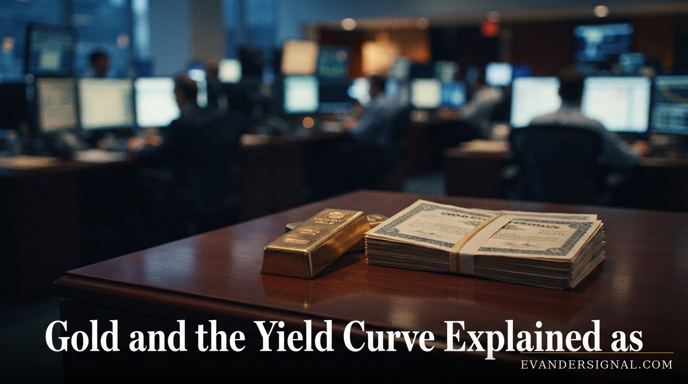 A gold bar beside bond certificates on a trading desk, evoking the link between yields and gold prices