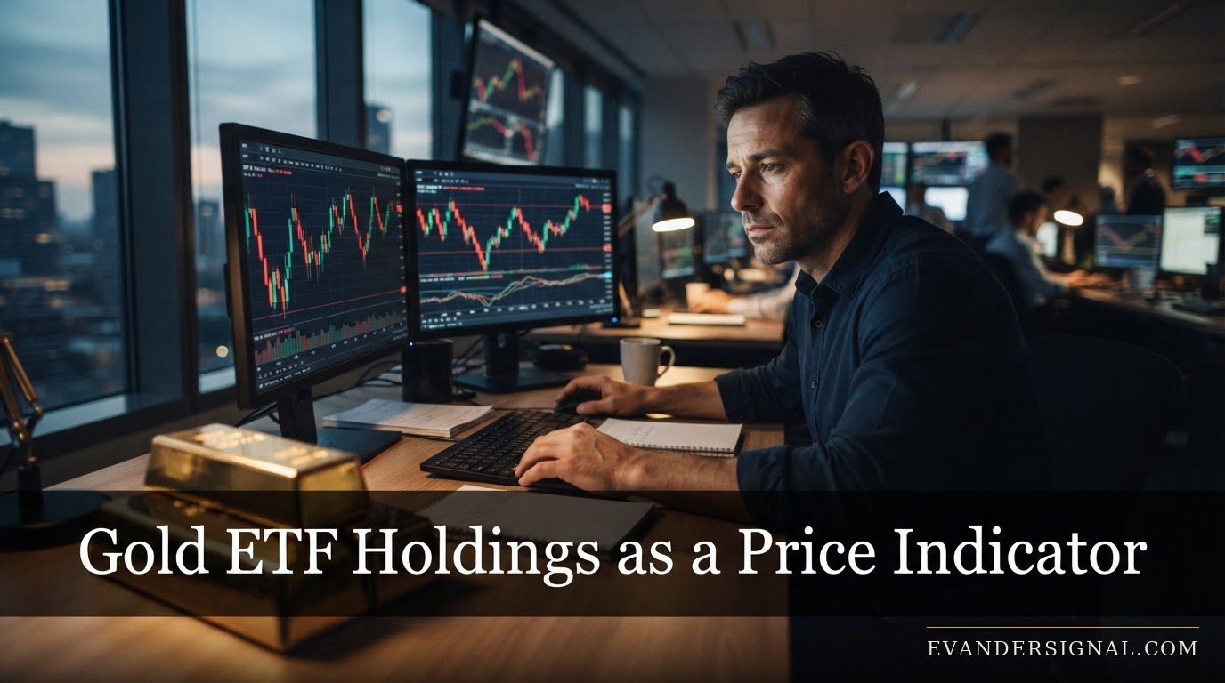 Trader at a dimly lit desk with glowing monitors and gold bars in foreground, evoking a volatile gold market session