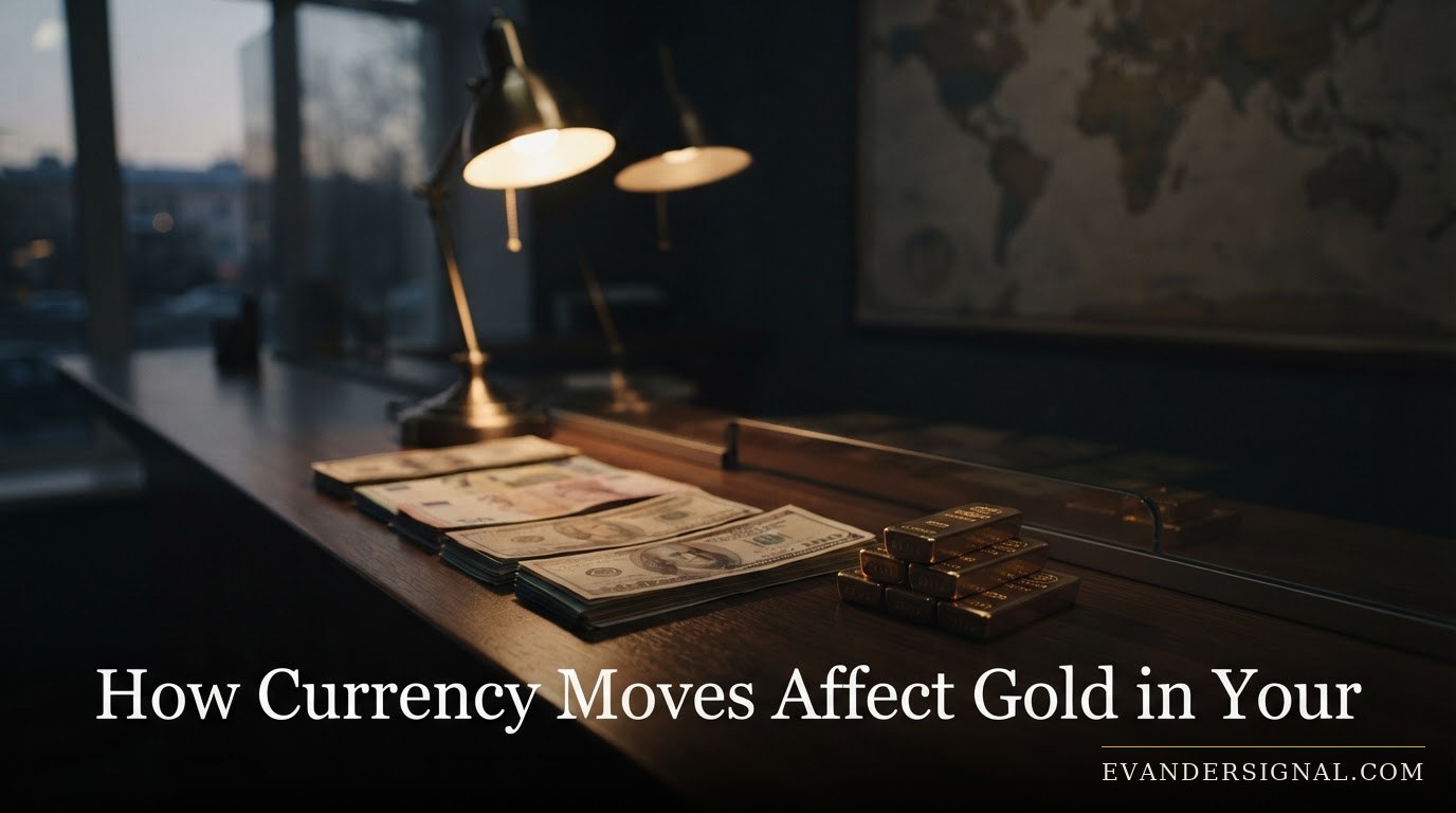 Gold bars beside international banknotes on a lit exchange counter, evoking currency and gold value comparison.
