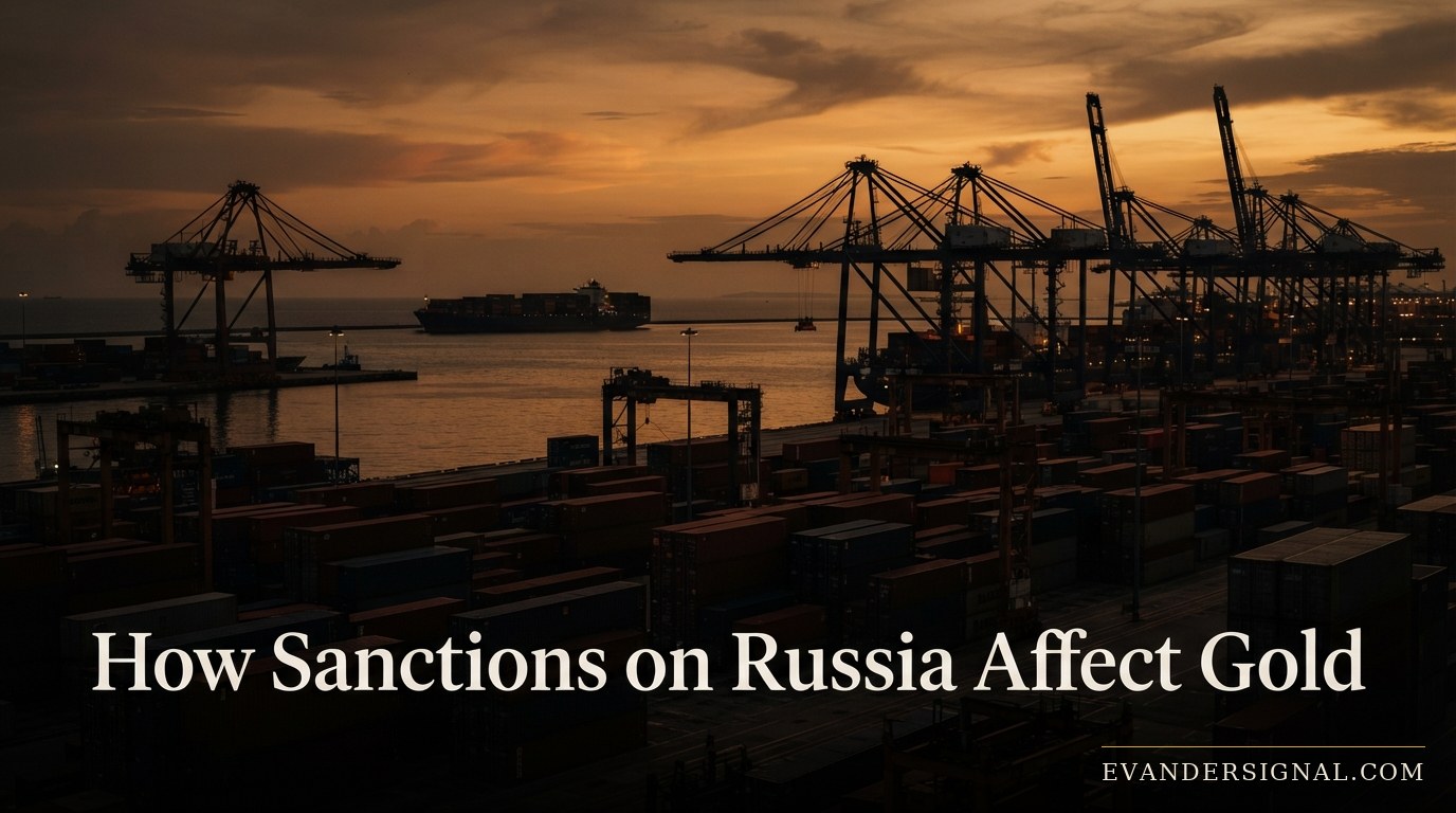 Cargo ship anchored at a container port at dusk, evoking global trade-route tension