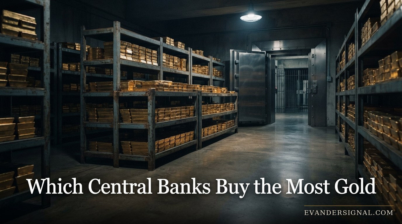 Rows of gold bars stacked in a shadowed central bank vault, lit by a single overhead light.
