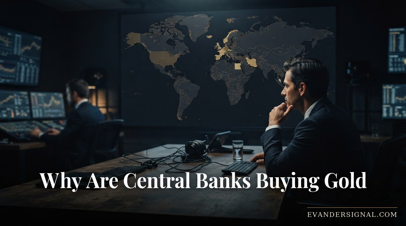 Gold bars in a dim vault with a world map visible on a background screen, evoking geopolitical tension